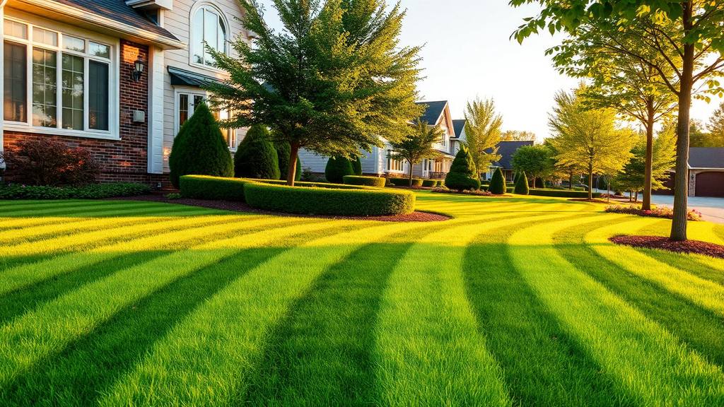 Well maintained residential property with striped lawn and trimmed hedges